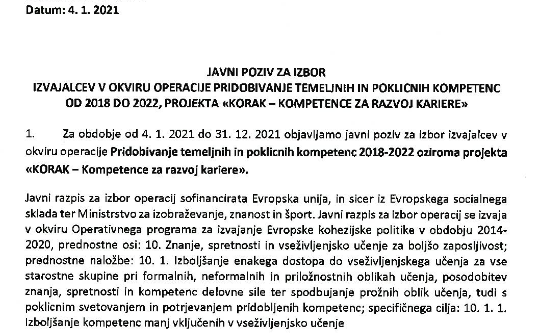 javni poziv za izbor izvajalcev v okviru operacije pridobivanje temeljnih poklicnih kompetenc